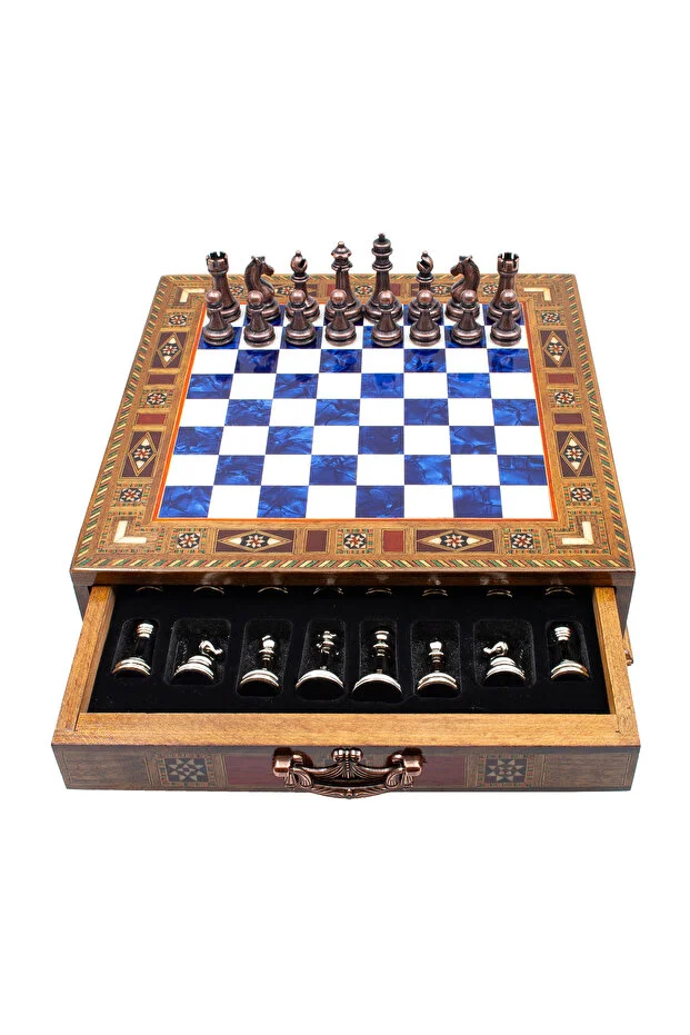 Yüksek Kalite Mavi El işi Satranç Takımı Ahşap Çekmeceli Satranç